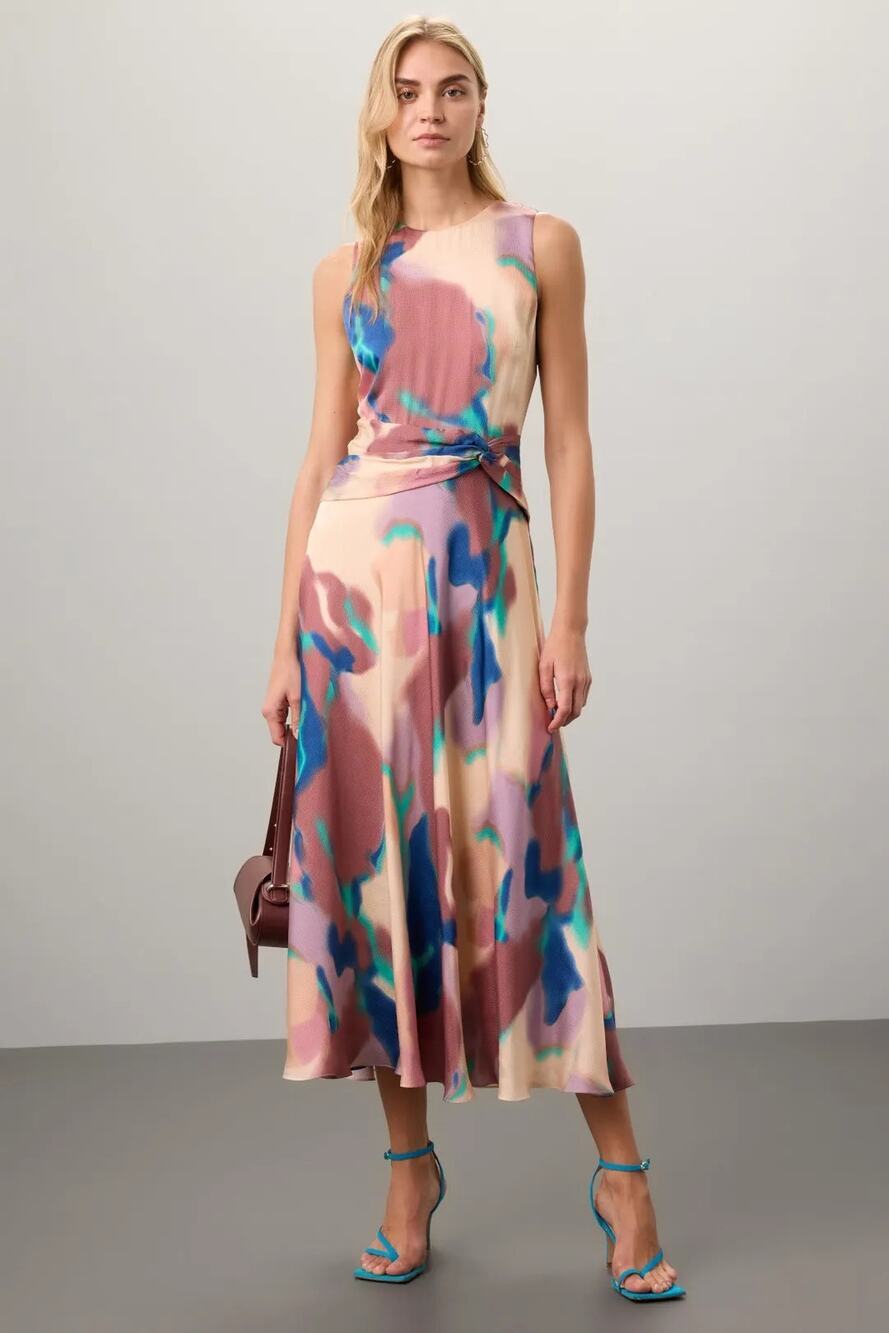Tanya Taylor Christine Dress Sleeveless Twisted Waist Midi Cool Rose Ink Wash 8